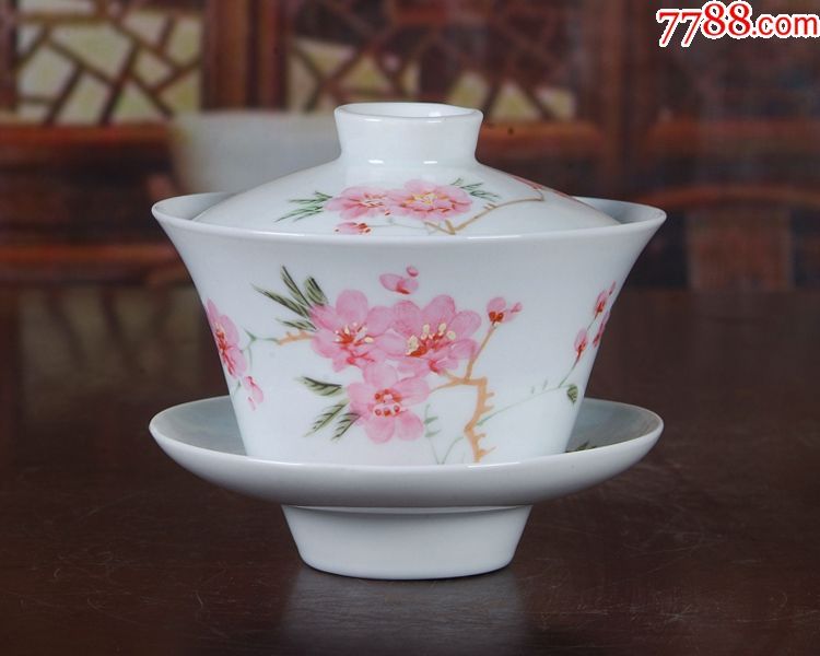 景德镇老厂货瓷器/全手工彩绘水点桃花三才碗盖杯茶杯