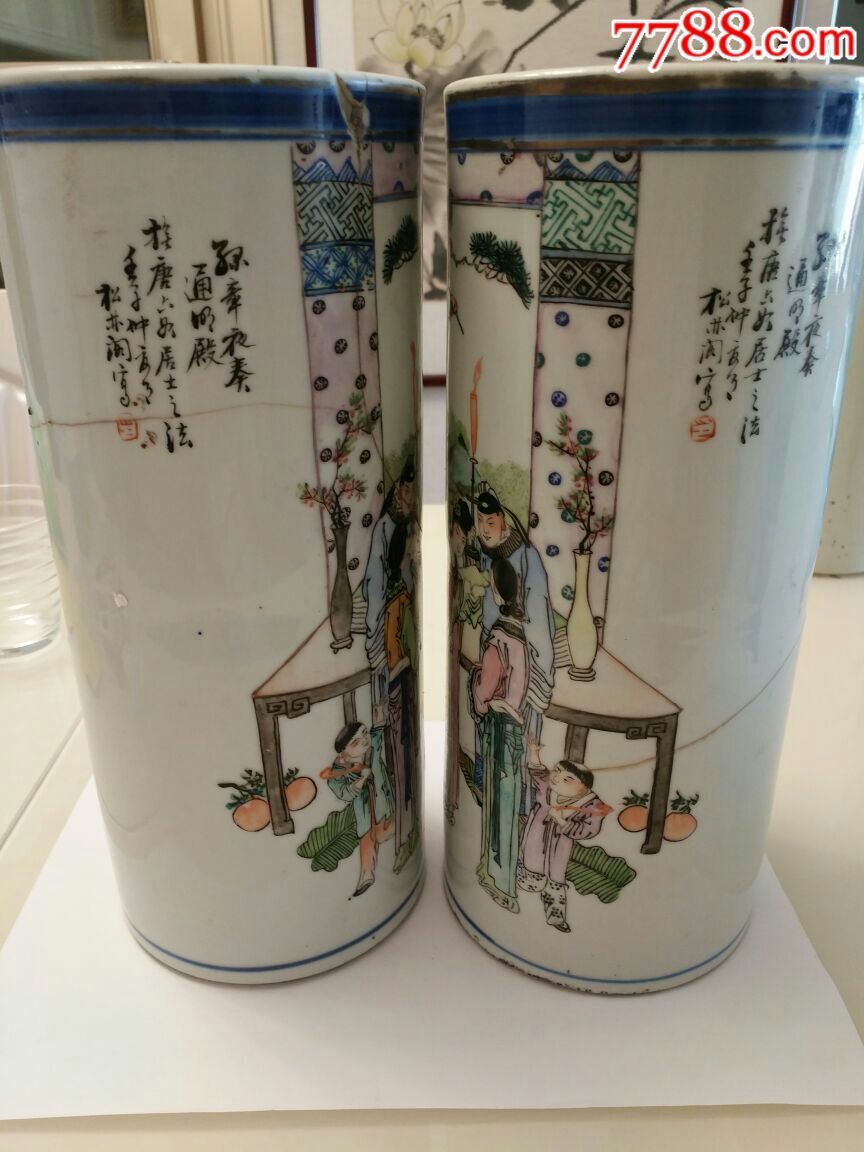 民国松林阁人物帽简一对-au15951370-彩绘瓷/彩瓷