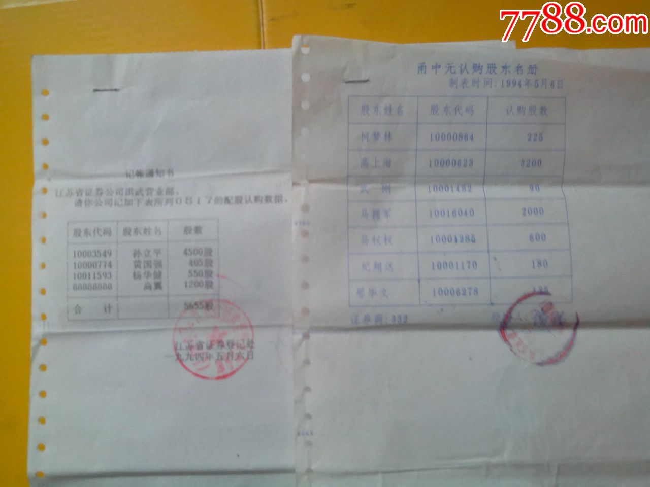 江苏省证券公司认购甬中元股东名册及配股记帐通知书