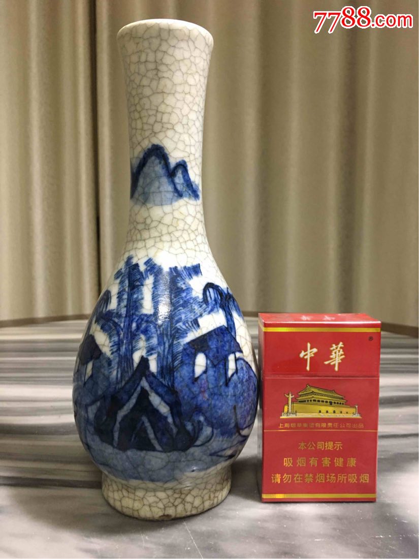 哥窑青花山水柳叶瓶图片