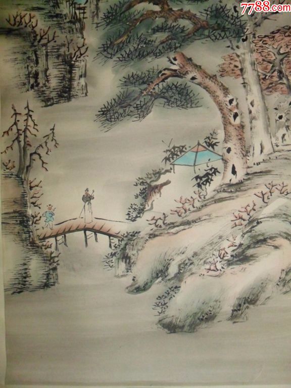 (民国原装老裱)山东高密版画画家胡瑞洲《设色山水人物》四屏