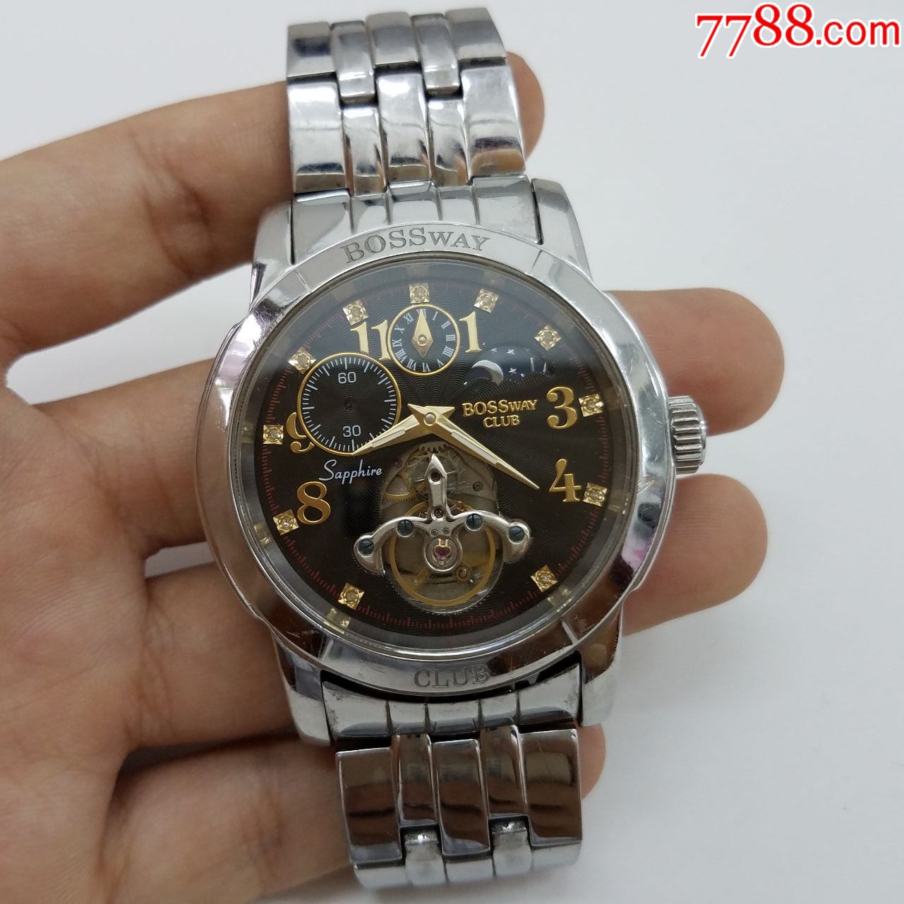 宝仕威bosswayclub自动机械男表【金针金字闪钻刻度,镂空摆轮,透明底