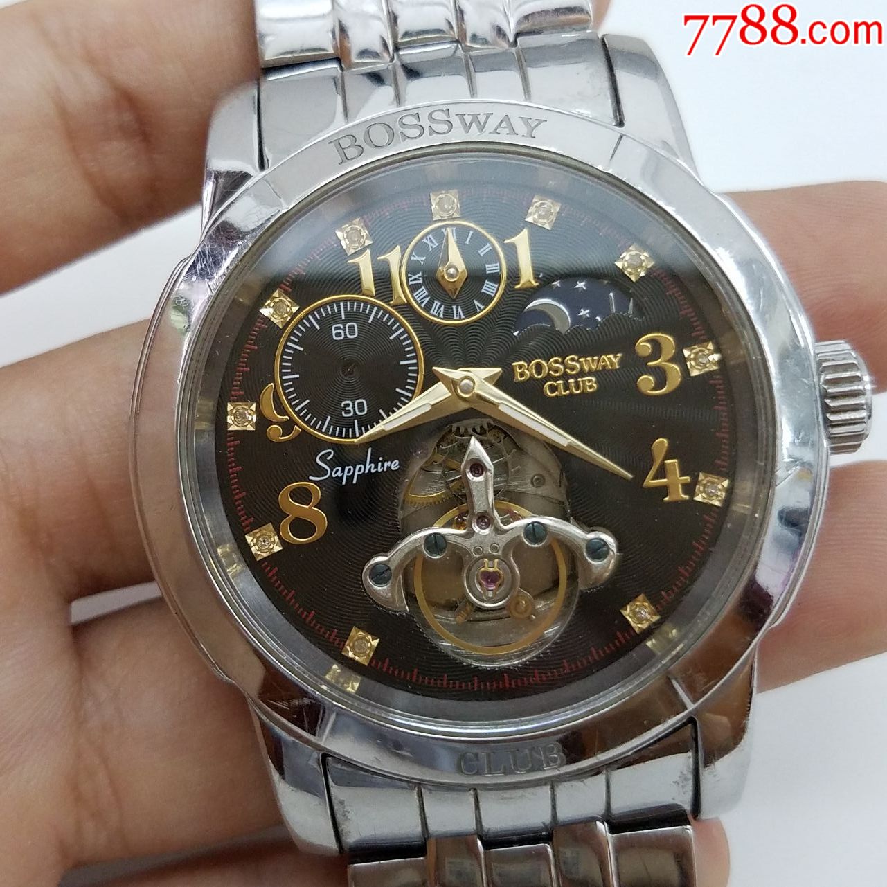 宝仕威bosswayclub自动机械男表【金针金字闪钻刻度,镂空摆轮,透明底
