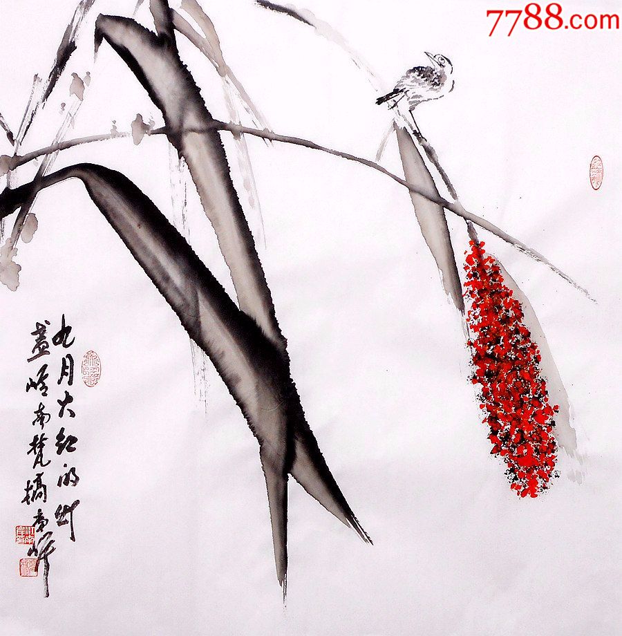 【保真名家原创作品】江南岸作品:高粱小鸟66*66cm_花鸟国画原作_第1