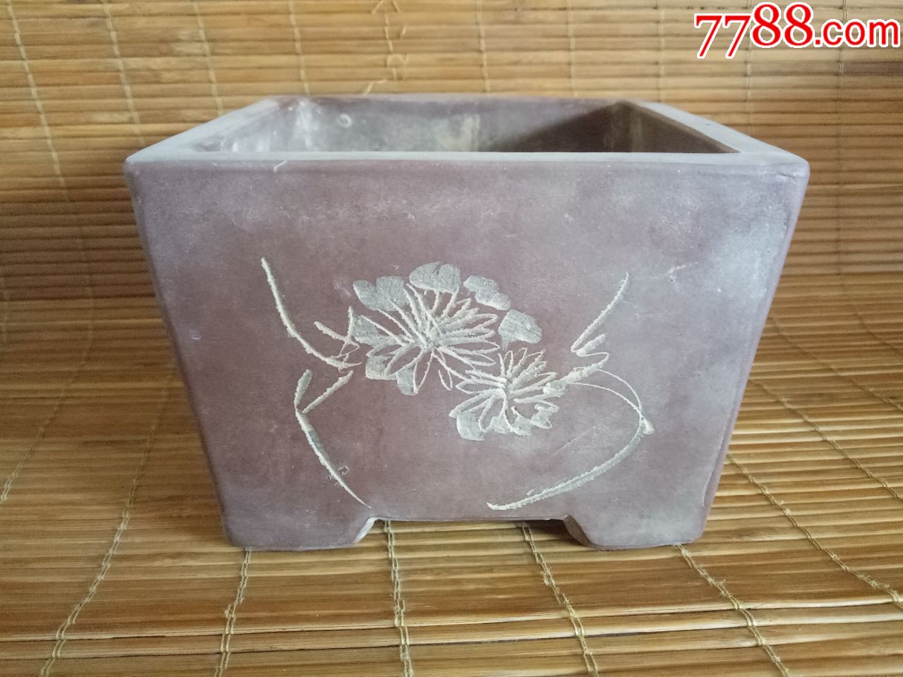 老刻画方形紫砂花盆