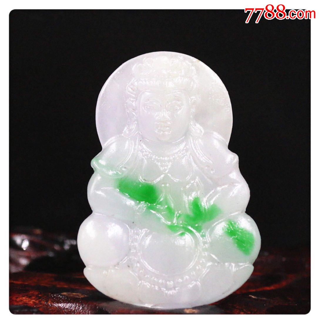 保真精品【纯手工精雕缅甸天然翡翠A货*白底青观音吊坠】