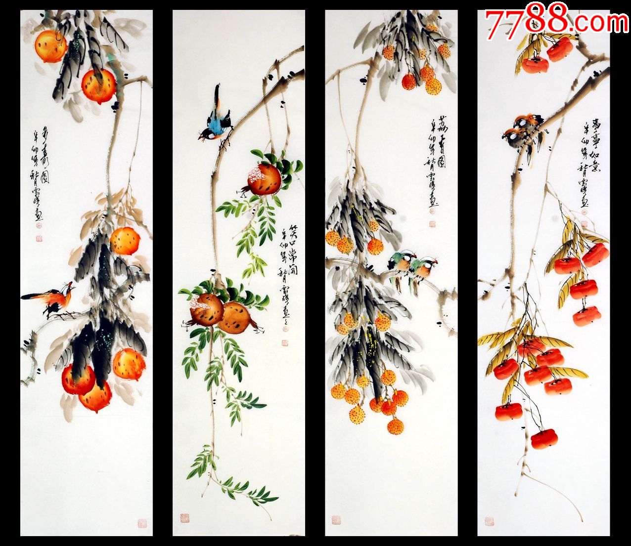 云峰四尺四条屏纯手工花鸟国画