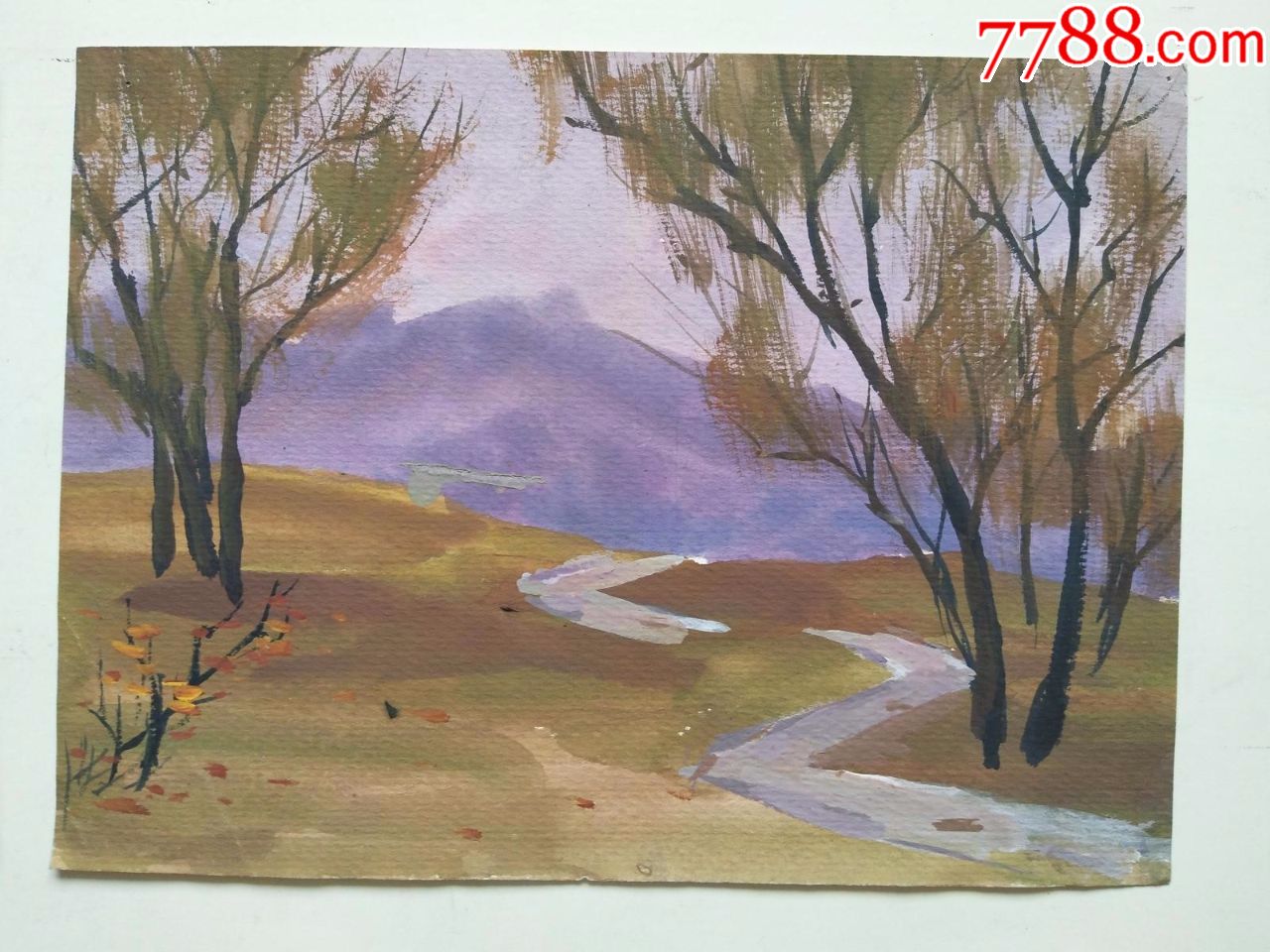 80年代手绘水粉画稿《穿过树林的小河》