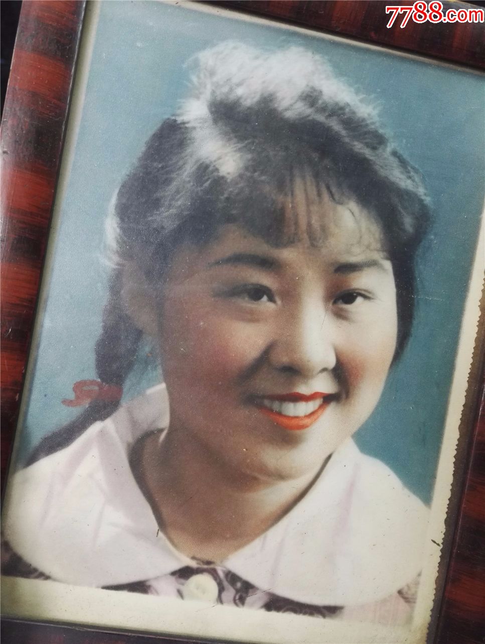 五六十年代,大辫子女孩,手工上色照片,带原框