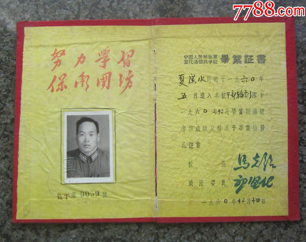 1960年《宣化通信兵学校毕业证书》背面有通信*种符号