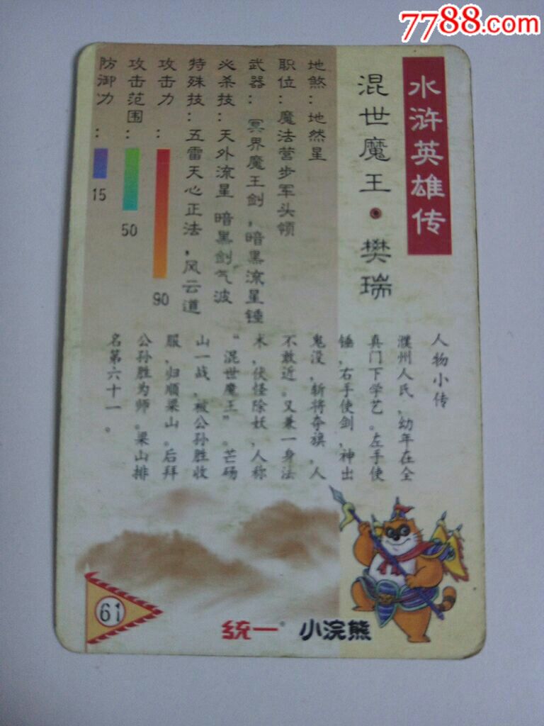 小浣熊水浒英雄传食品卡樊瑞1张,具体看图!