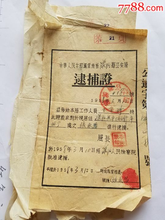 50年代逮捕证附亲属通知书