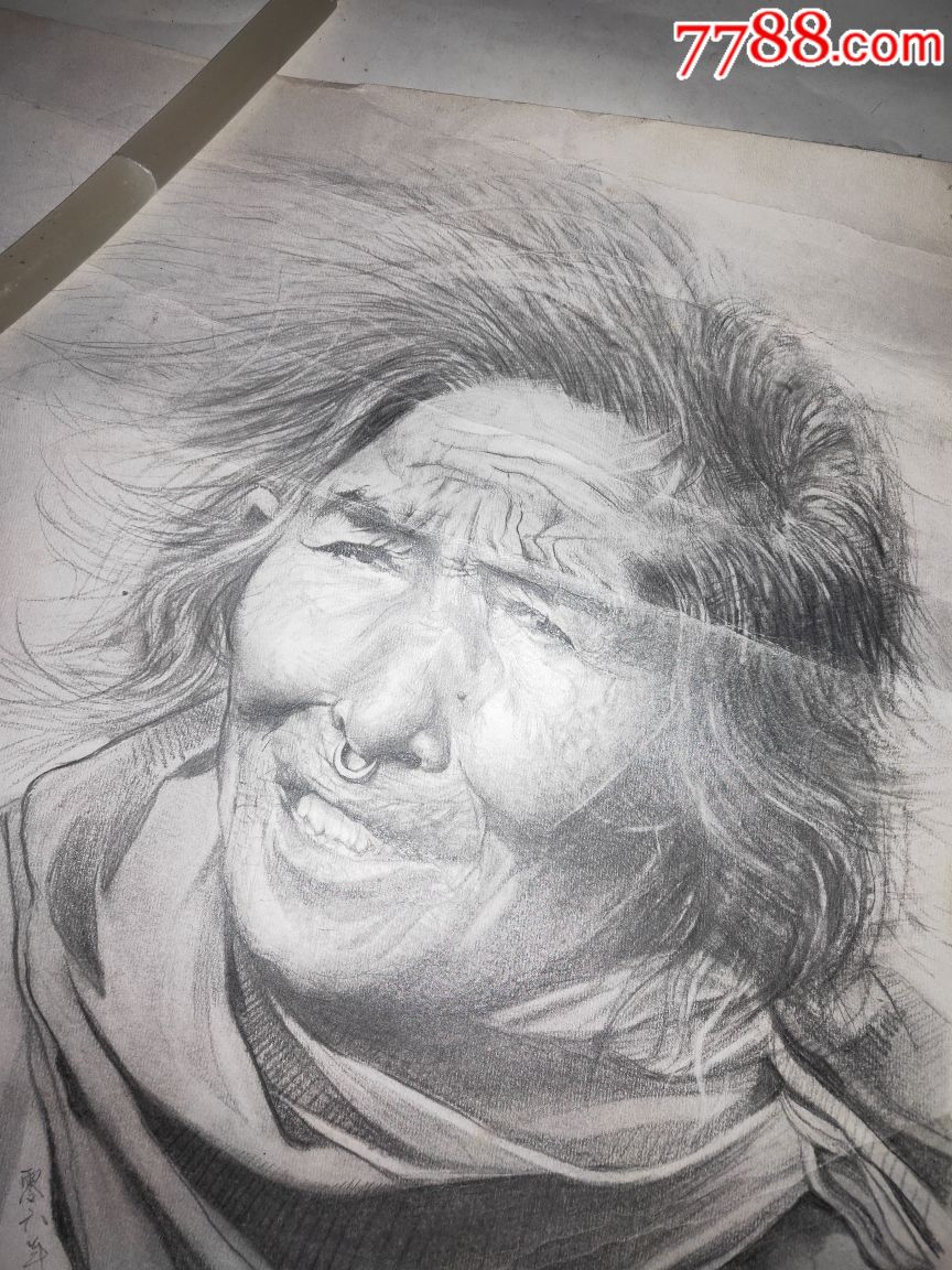 人物素描,沧桑的老妇,签名版