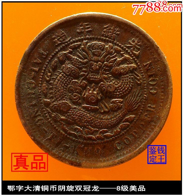 湖北鄂字大清铜币阴旋双冠龙——8级美品