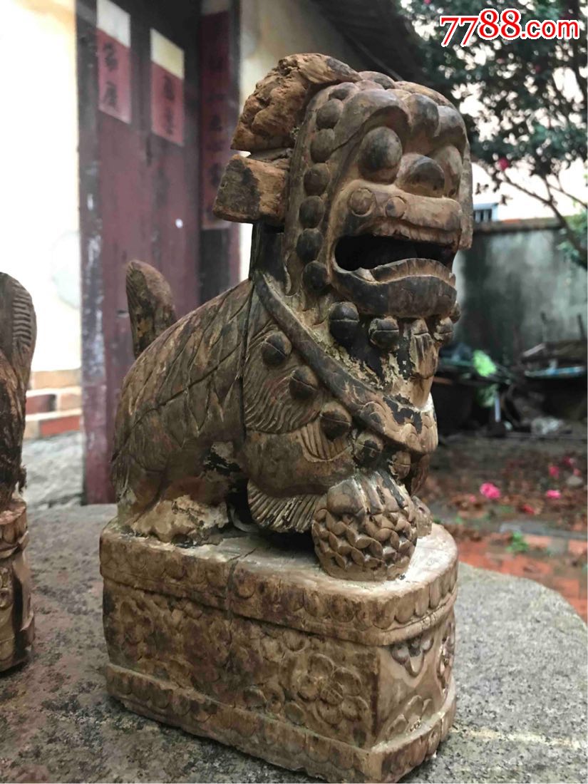明代木雕狮子摆件古董