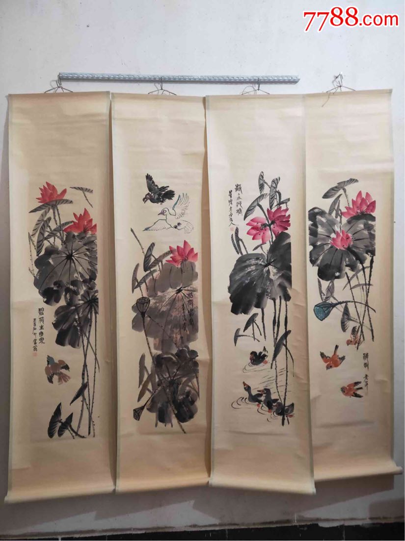 农村收来齐白石四条屏花卉保存完好_花鸟国画原作_第1张