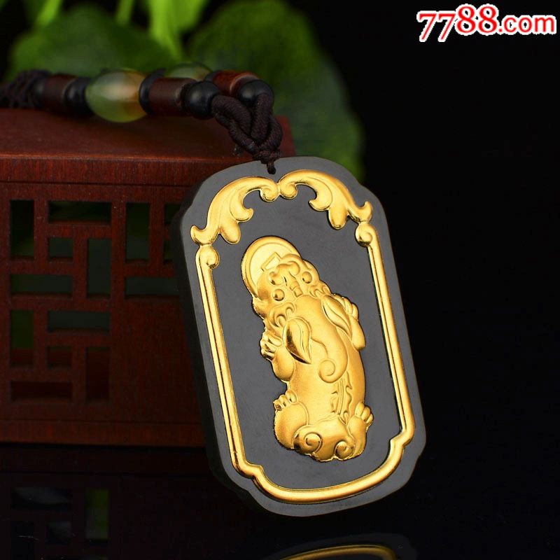 金镶玉貔貅吊坠男女款天然和田玉a货墨玉镶嵌黄金男女