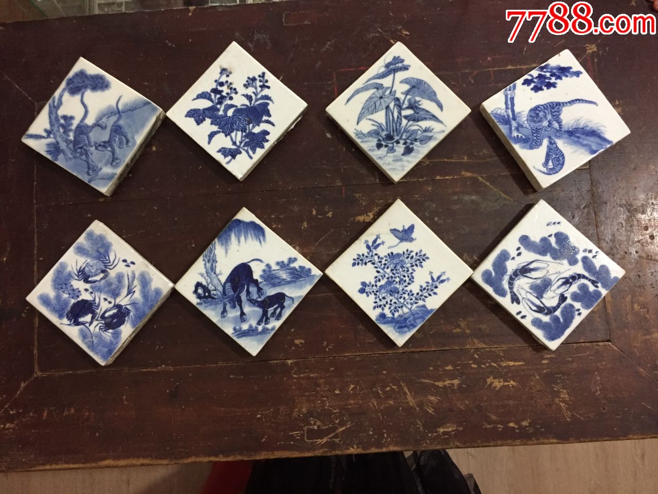 清代早期8块动物花草青花瓷砖画
