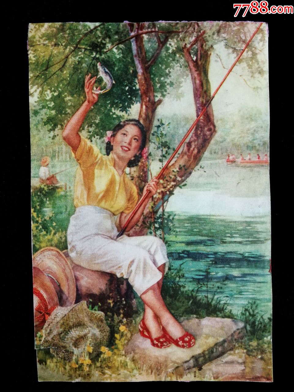 怀旧收藏老年画:《美女闲暇爱垂钓》佚名作【五十年代版尺寸14x9
