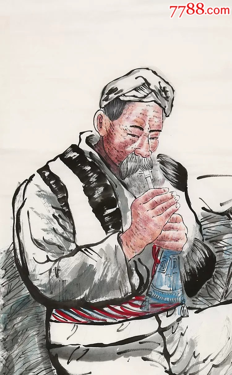 刘文西手绘四尺【黄土地的老人】_人物国画原作_第5张