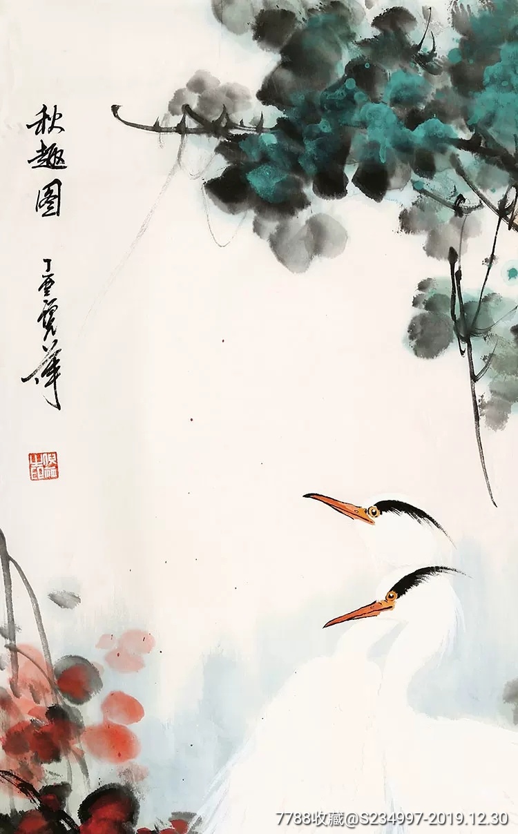 倪萍手绘三尺花鸟【秋趣图】_花鸟国画原作_雅墨轩