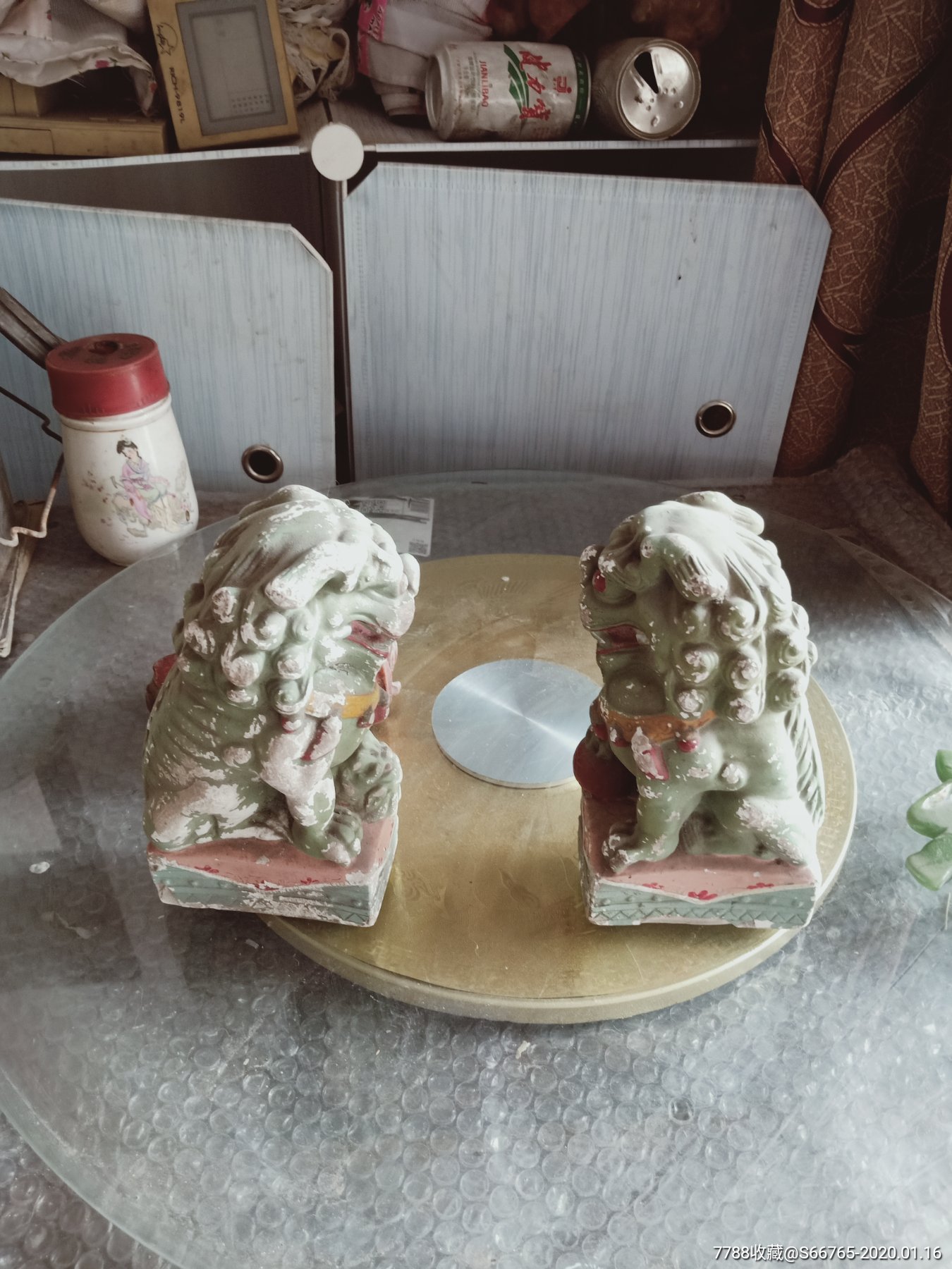 怀旧一对老石膏镇宅狮子