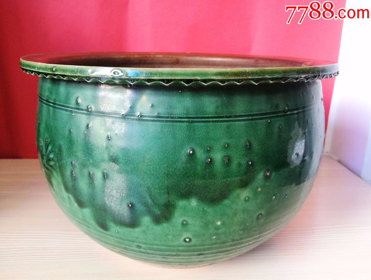 清代民国磁灶窑绿釉牡丹龙纹花口花盆