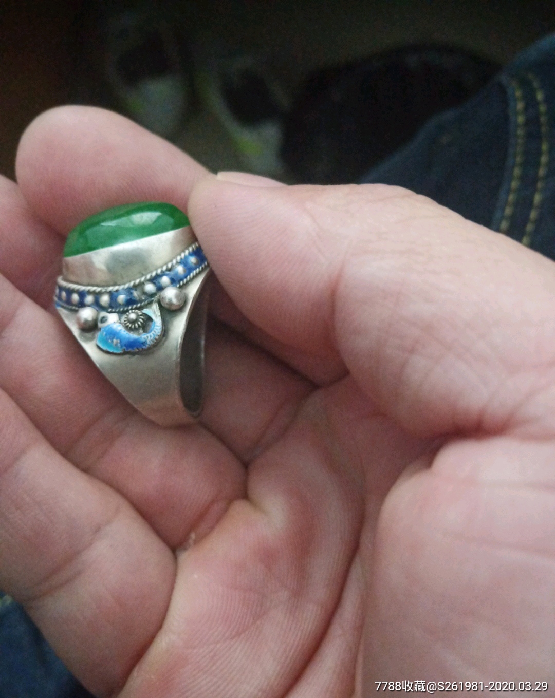 早期旧收藏清代翡翠戒指银托戒指老物件