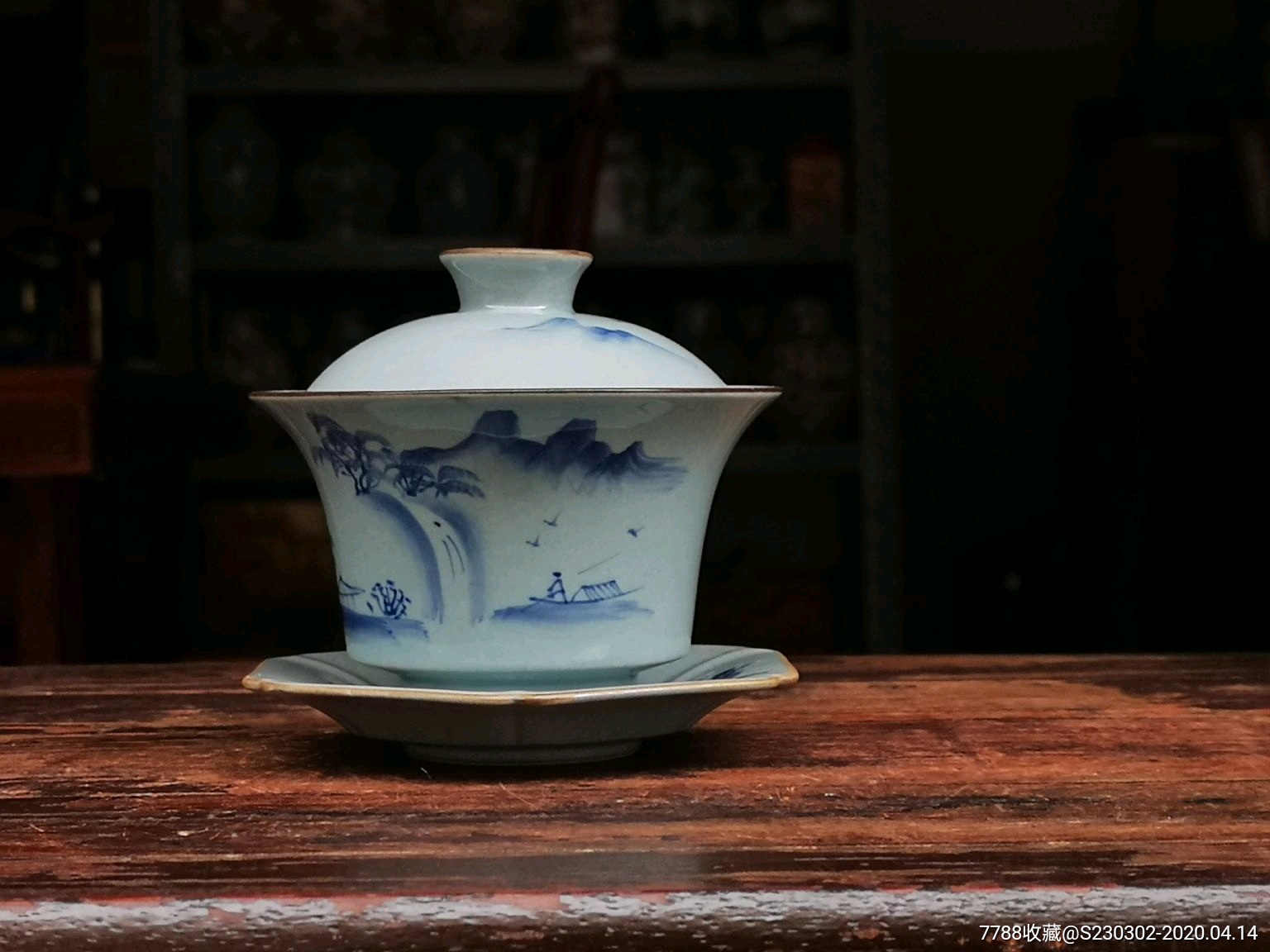 手绘山水盖碗景德镇三才泡喝茶碗大号功夫茶杯茶具白瓷青花瓷青花山水