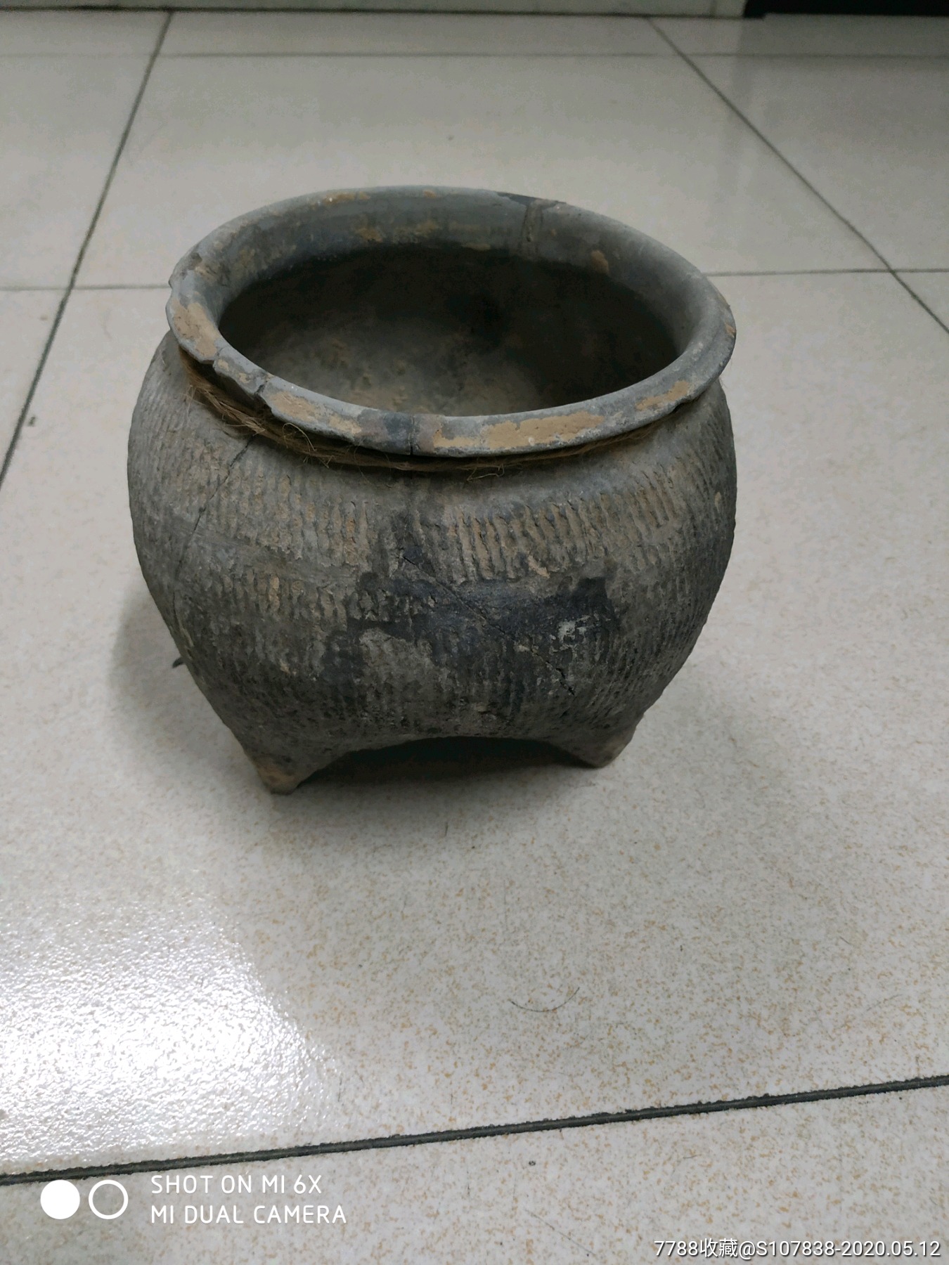 原始陶器三足绳纹黑陶罐,残器_价格800元_第2张