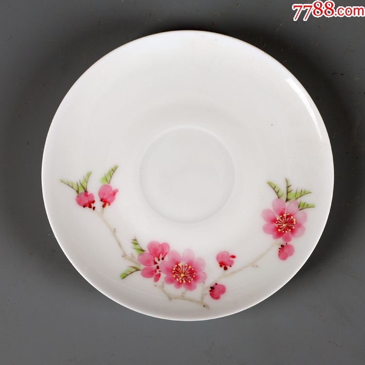 景德镇老厂货瓷器/髙白泥髙白釉手绘水点桃花盘