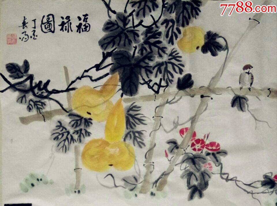 国画横幅葫芦牵牛花麻雀一一福绿图