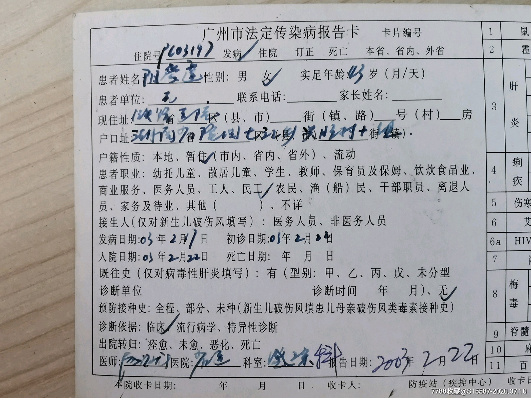 非典组集珍品:2003年非典期间广州市法定传染病报告卡