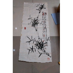 著名四川画家,肖朝德,国画竹子,周仁辉题款,长146宽61