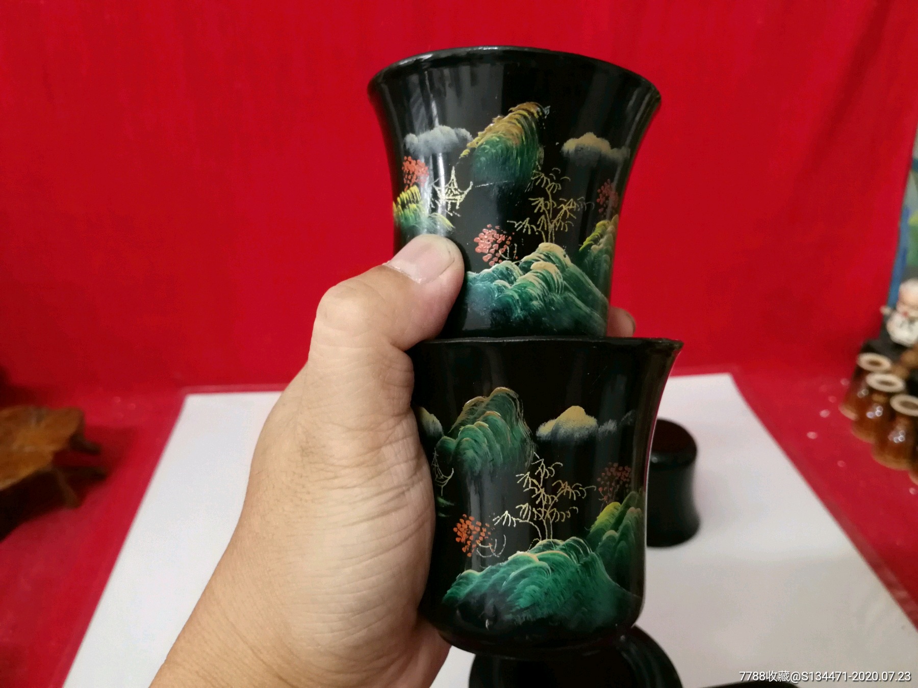 福州脱胎漆器茶壶茶杯一套70年代木胎大漆手绘山水老物件木艺收藏