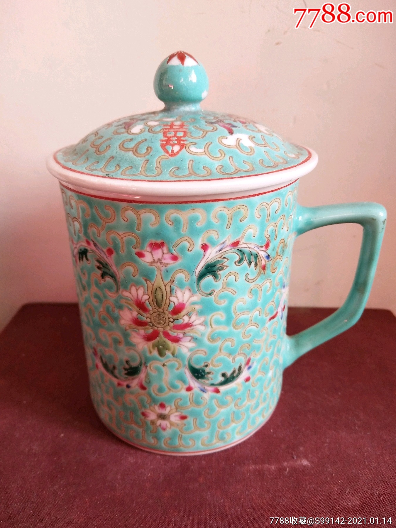 50年代绿地粉彩茶杯一只_旧瓷器_名古轩【7788陶瓷】