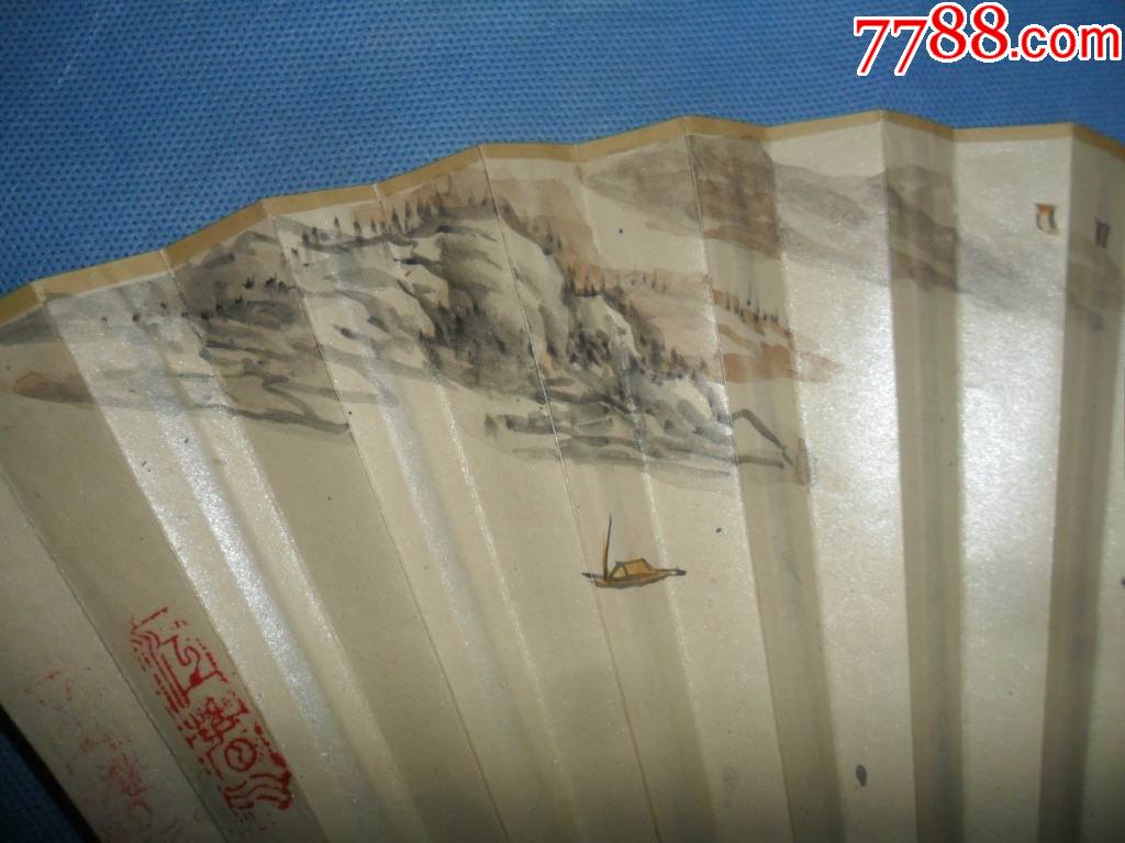 老扇子,著名画家李云峰《设色山水扇面》红木扇骨_第5张_7788书画网
