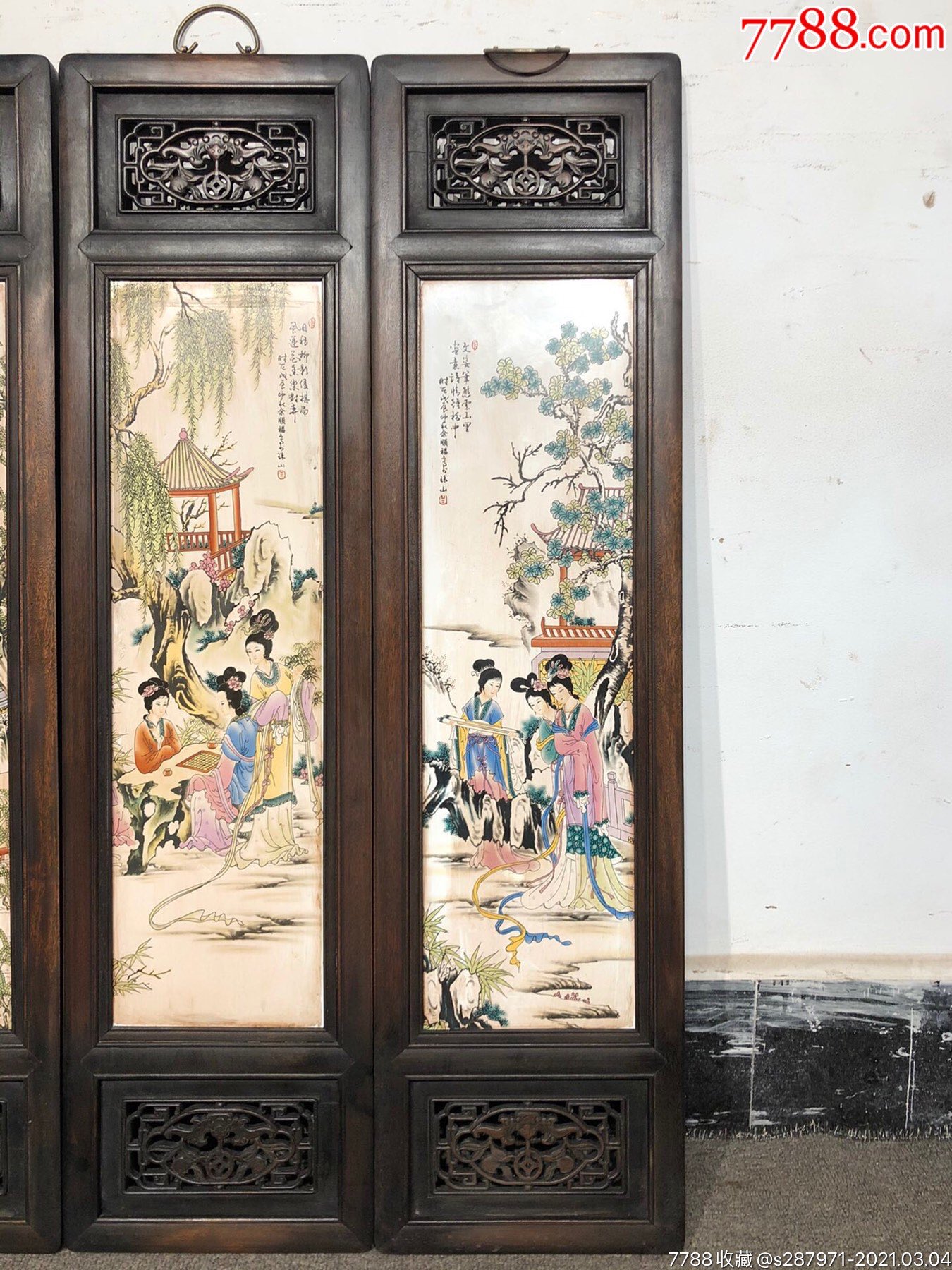 余顺福作品黄花梨雕刻老框镶瓷板画粉彩【十二金钗】人物四条挂屏做工