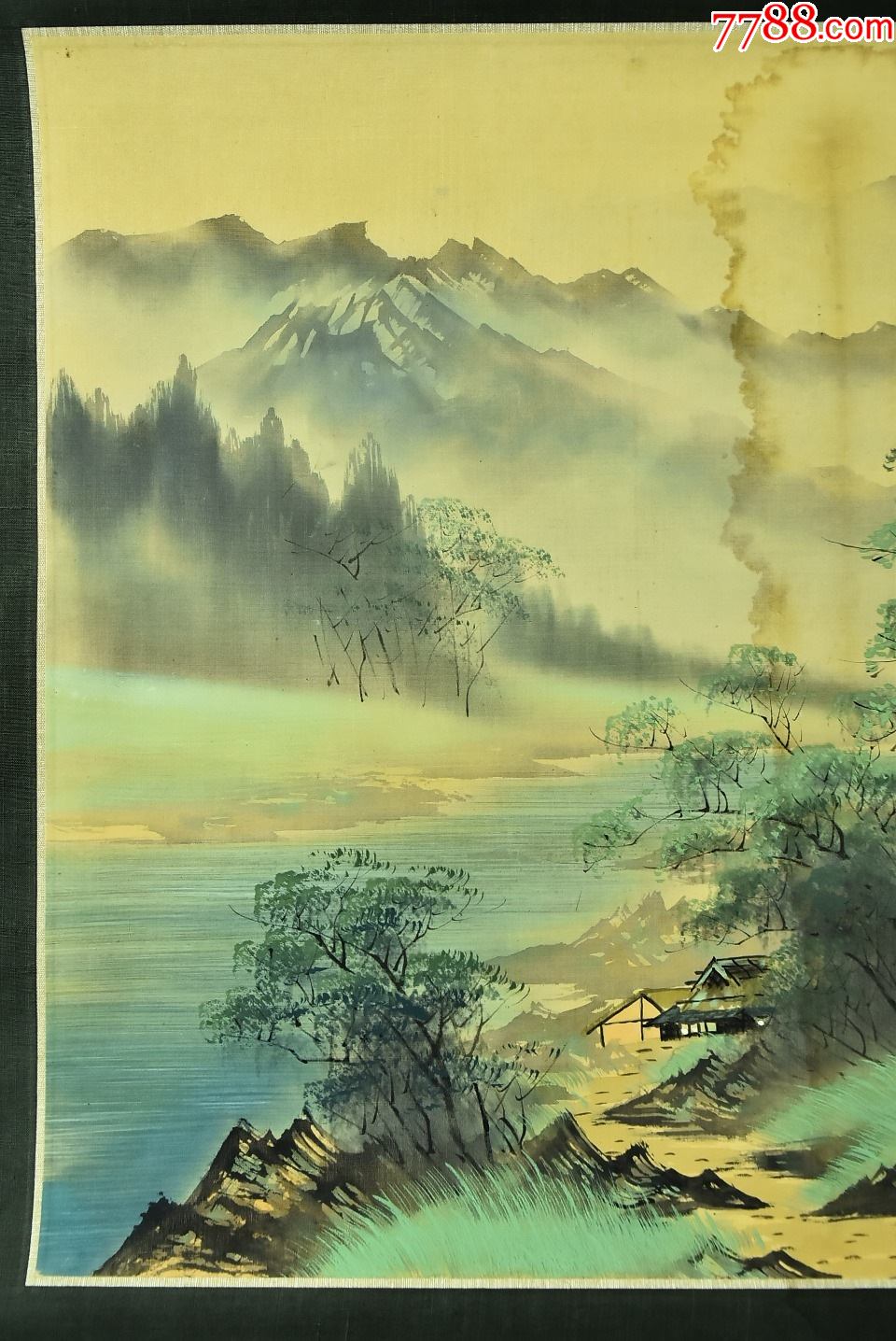 (vh3131)耕石笔绢本手绘《彩色山水画》装裱立轴画一幅