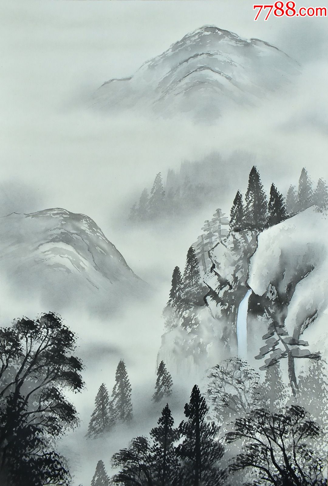 (vh4273)玉苑笔绢本手绘《水墨山水图》装裱立轴画一幅_山水国画原作