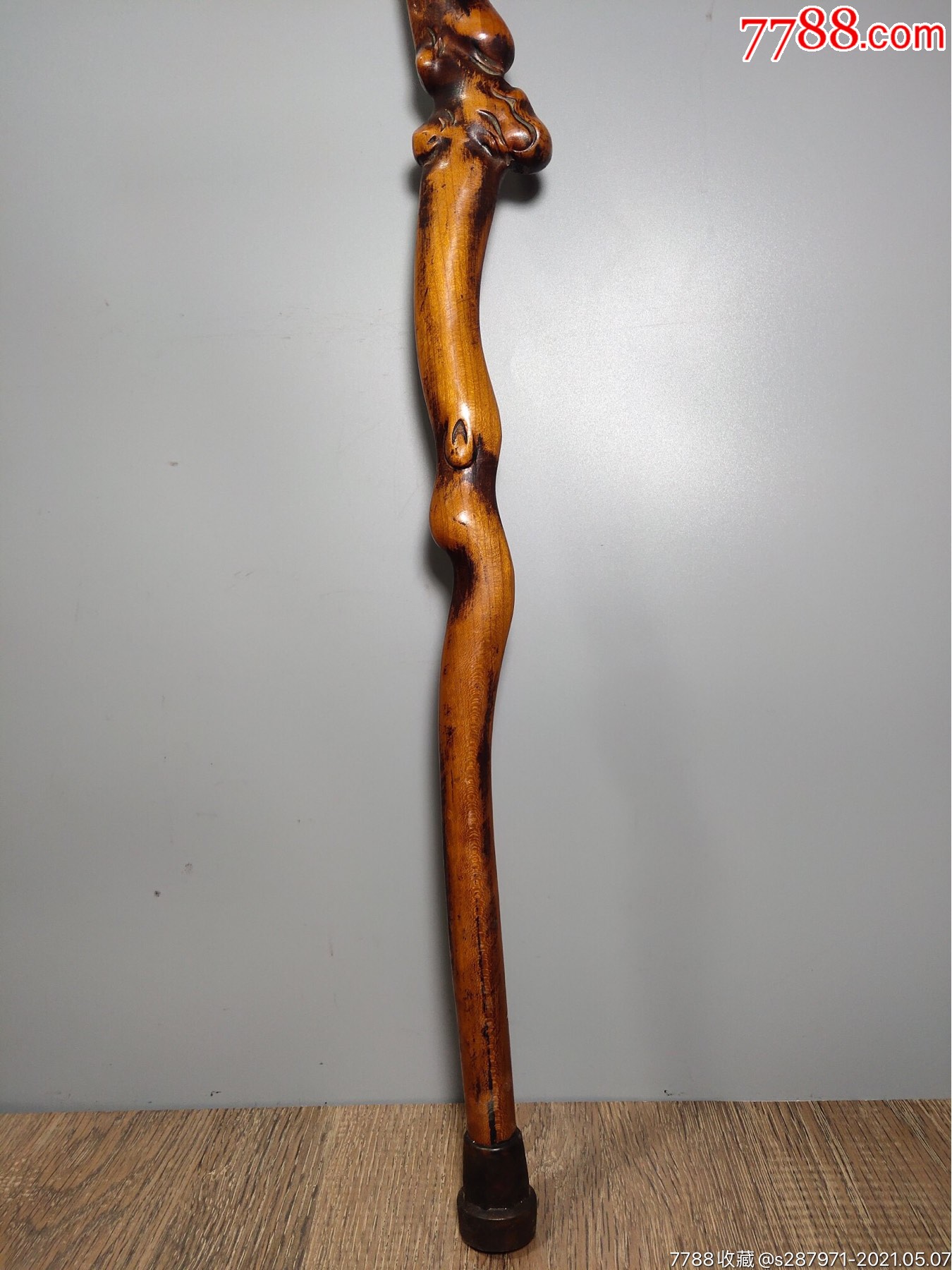 旧藏老桃木雕刻凤凰拐杖桃木凤凰拐杖一把直径长92厘米宽19.