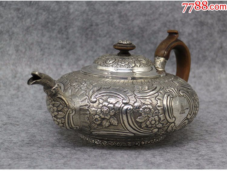 1800年伦敦乔治三世纯银茶壶摆件雕花酒壶功夫茶壶银壶艺术收藏品