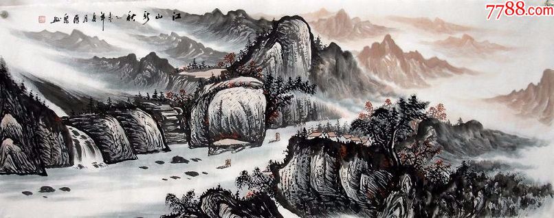 六尺精品国画山水横幅江山新秋180x70
