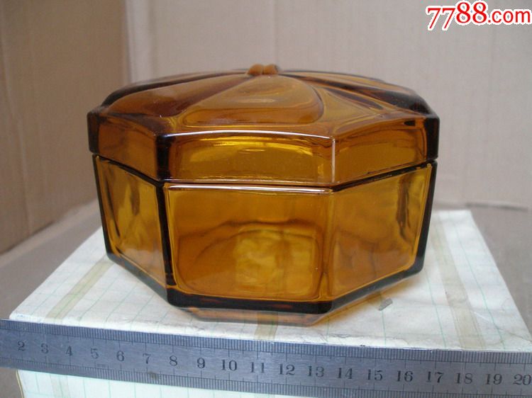 琥珀色玻璃盖盒(古董古玩民俗老货怀旧收藏/琉璃盒)