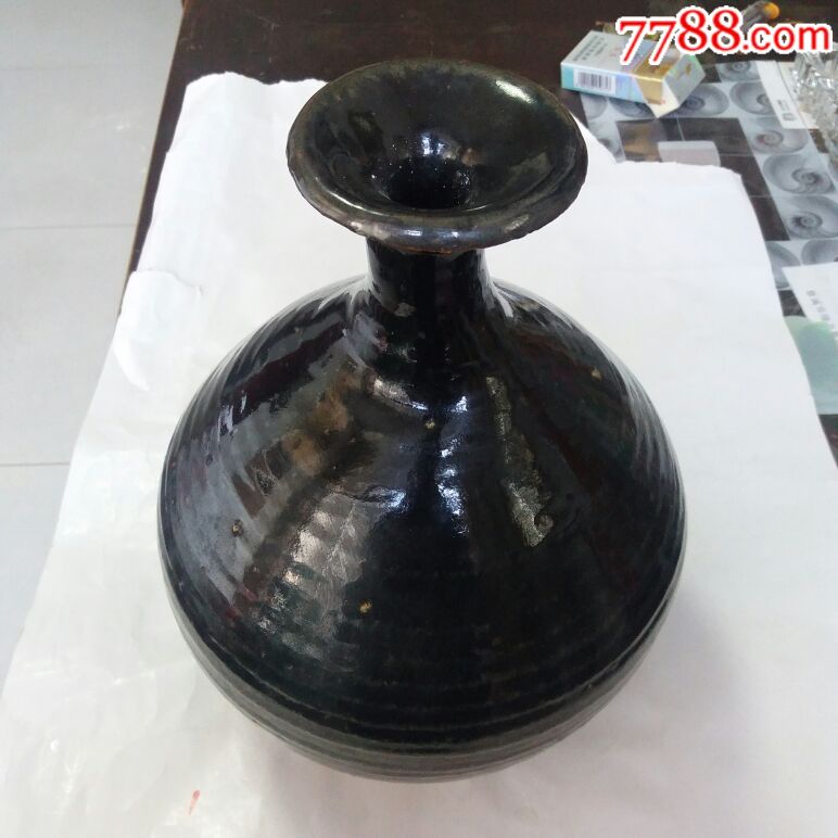 清代黑瓷窑变插花赏瓶品相完整如图保真保老