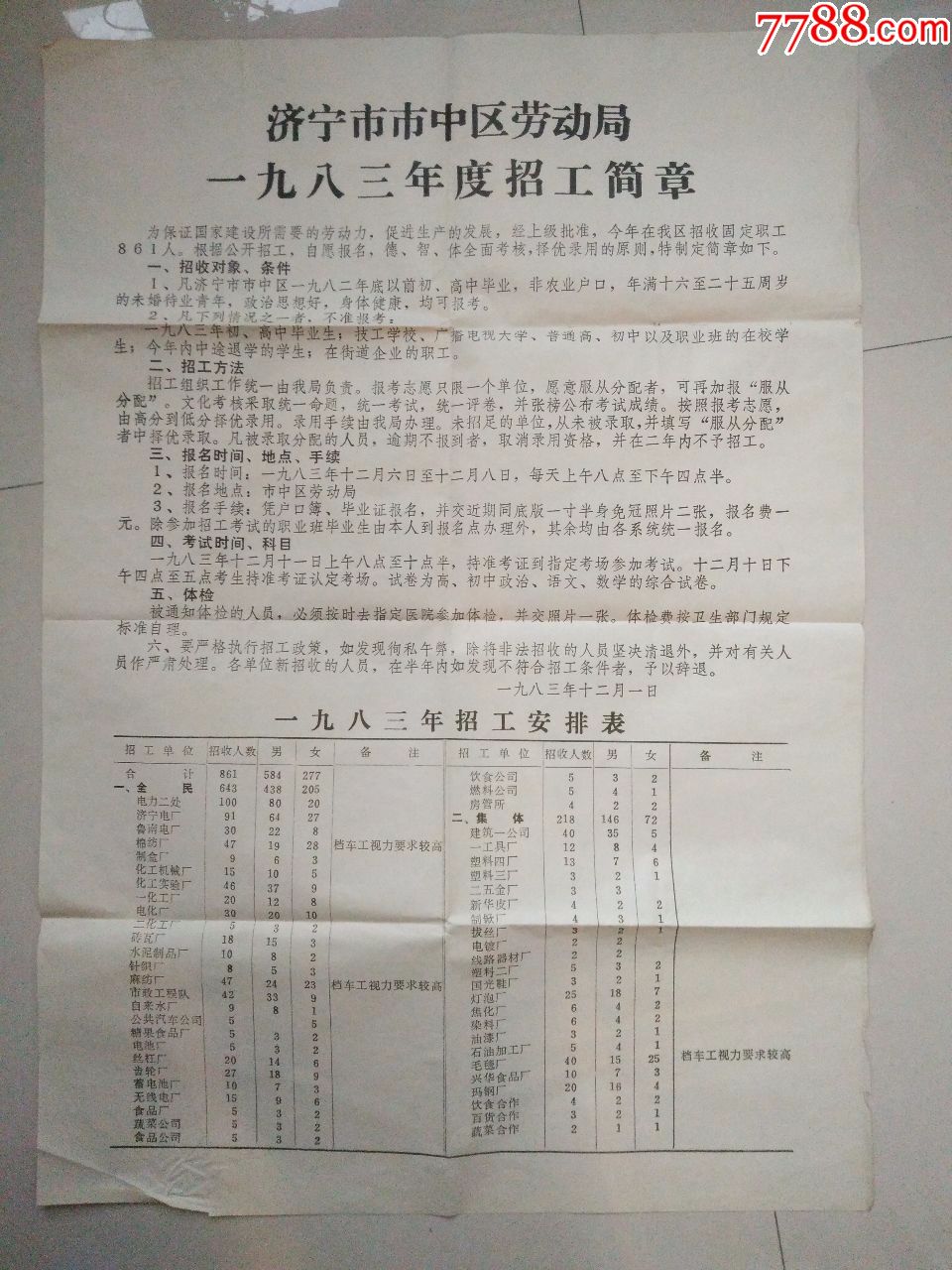 济宁市市中区劳动局1983年度招工简章(对开)_
