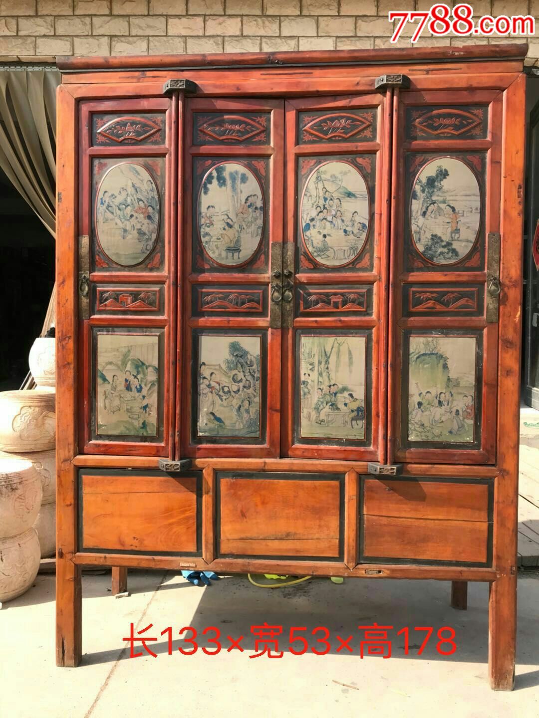 民国柏木手绘《红楼梦》人物故事书柜一个.描