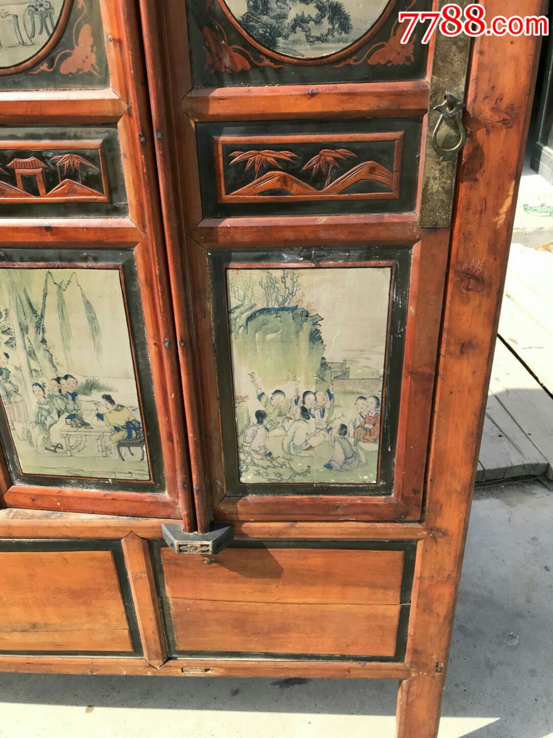 民国柏木手绘《红楼梦》人物故事书柜一个.描