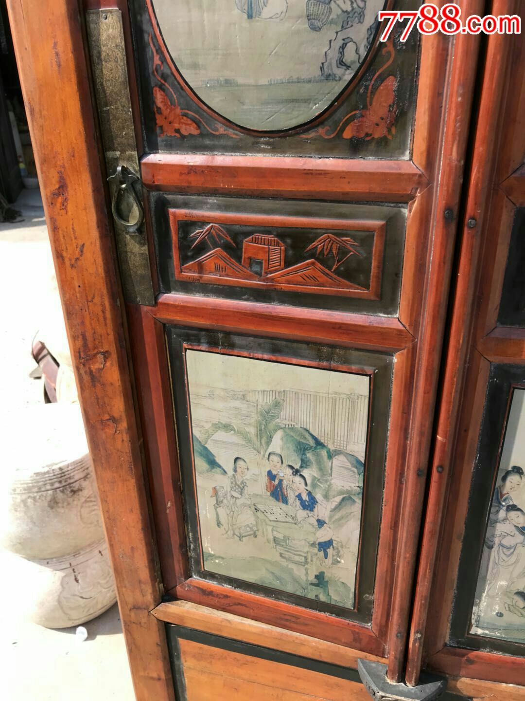 民国柏木手绘《红楼梦》人物故事书柜一个.描