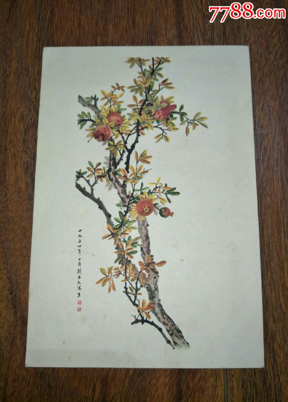 五十年代无格明信片:石榴(国画)刘子久绘